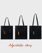 Three views of a black genuine leather tote bag showing the adjustable shoulder strap lengths.