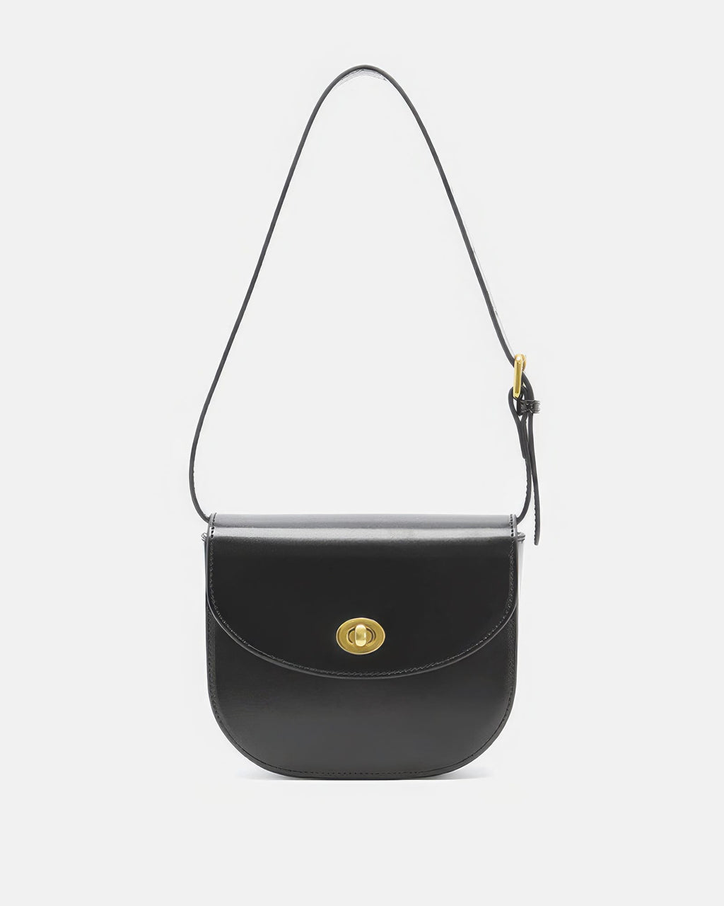 Front view of a black classic leather flap saddle crossbody bag featuring a gold turn-lock clasp.
