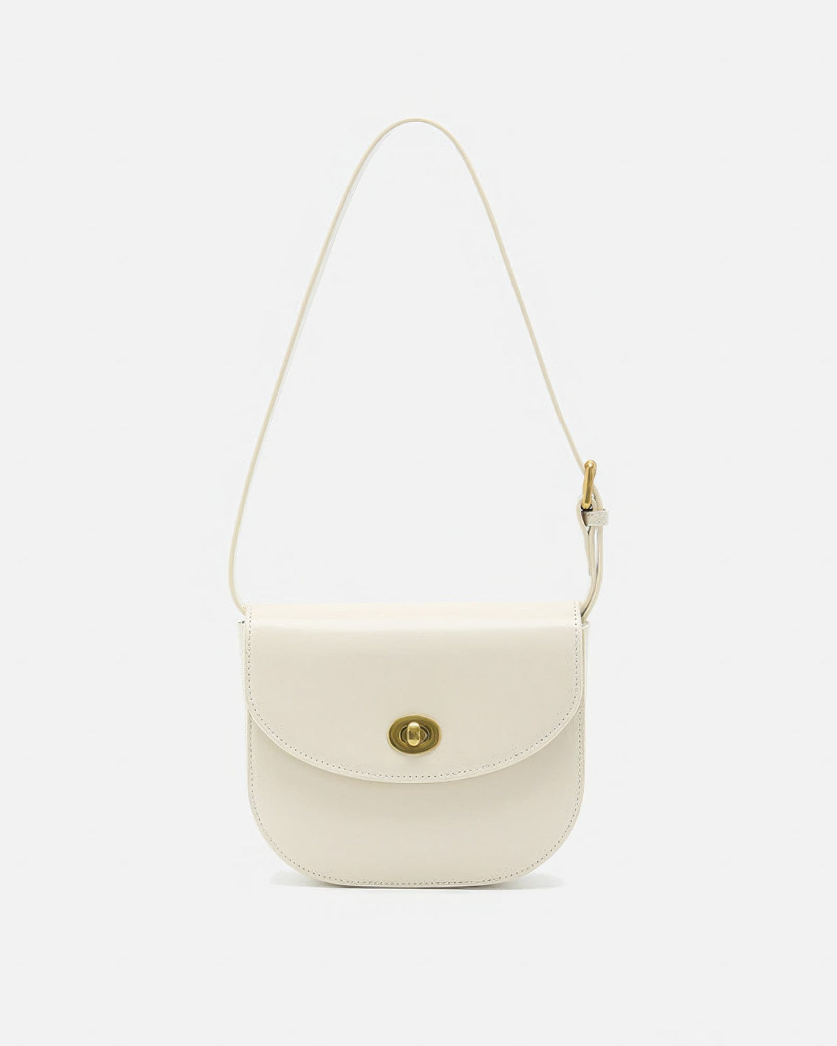 Front view of an off-white classic leather flap saddle crossbody bag with a gold turn-lock closure.