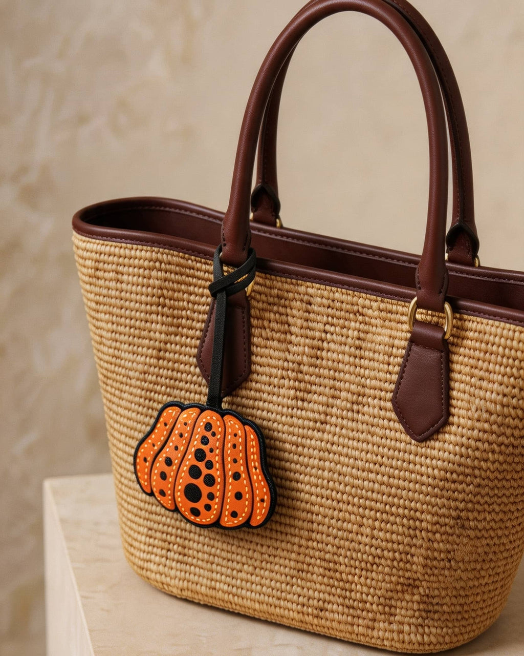 Orange dotted pumpkin leather charm attached to a woven straw tote bag.