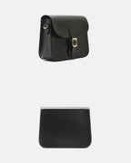 Dual-angle view displaying the front side profile and clean back design of a black leather flap crossbody bag.