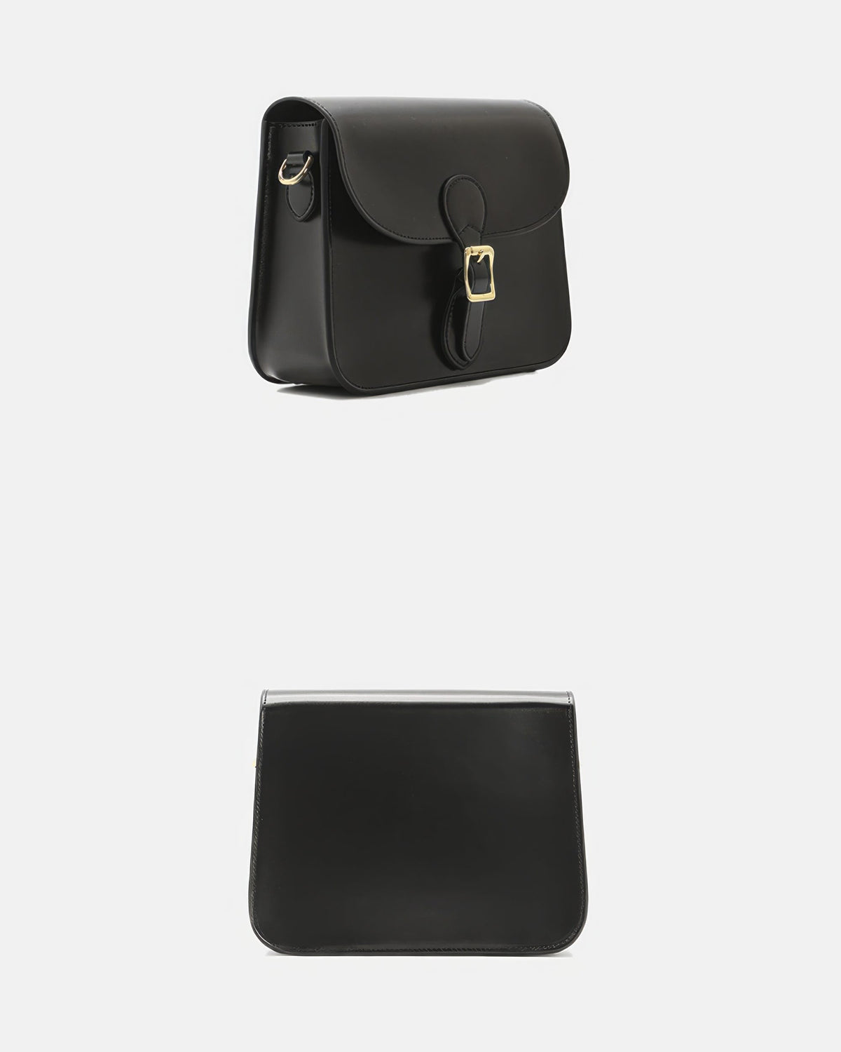 Dual-angle view displaying the front side profile and clean back design of a black leather flap crossbody bag.