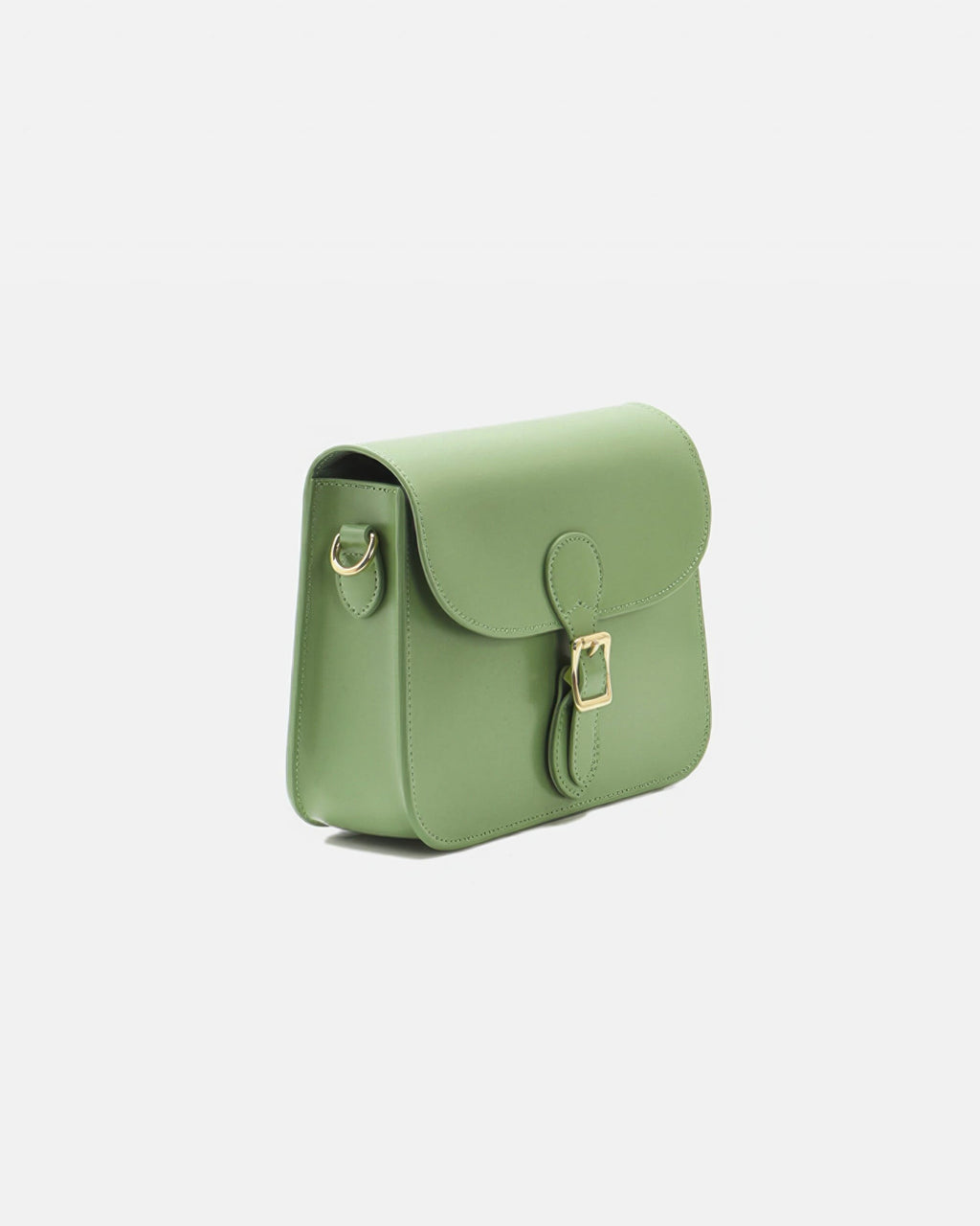 Side three-quarter angle of a sage green leather flap crossbody bag showing strap attachment rings and gold hardware.