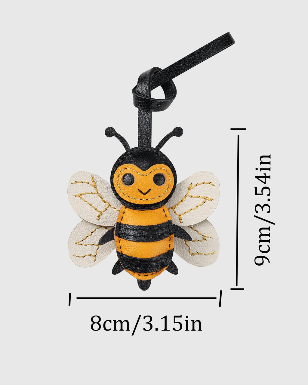 Product dimension diagram for honeybee leather bag charm showing size measurements of 9cm length and 8cm width.