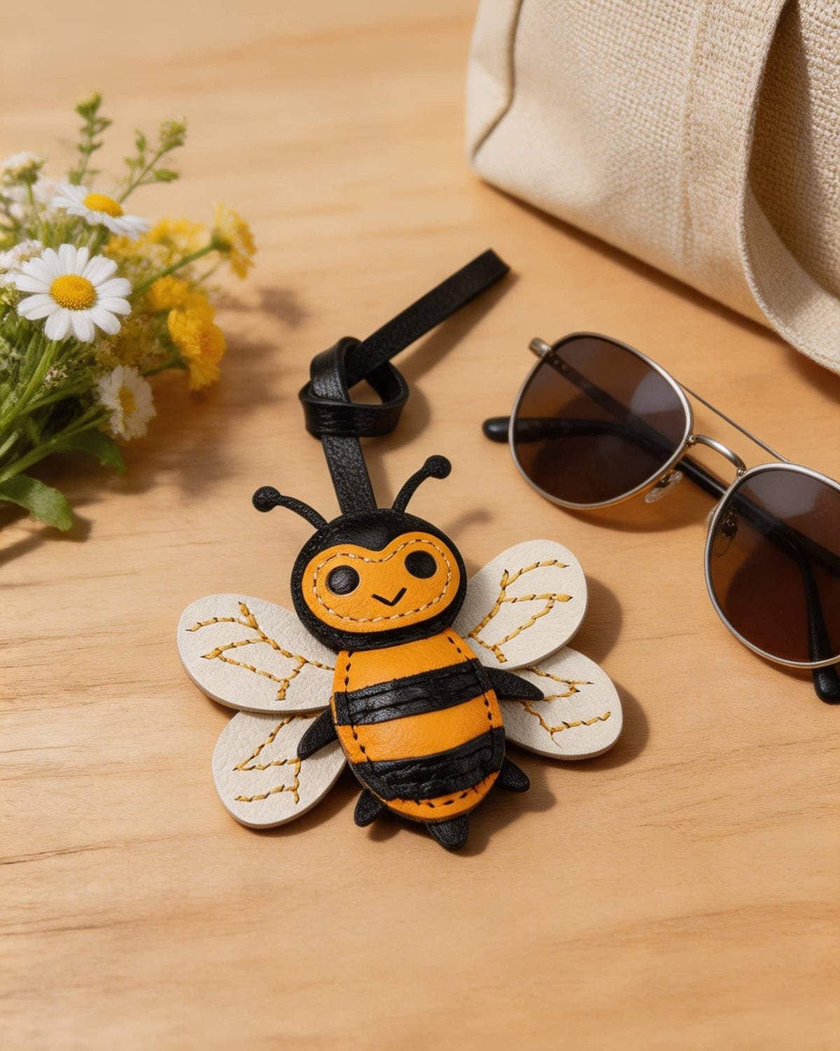 Honeybee leather bag charm displayed on a wooden table with sunglasses and white daisies.