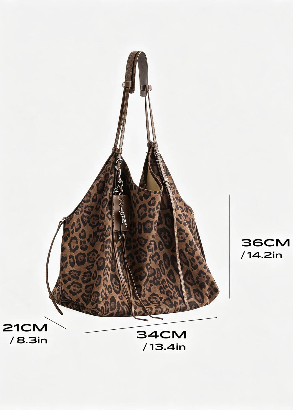 Product dimensions diagram of brown leopard print faux suede hobo tote bag showing length width and height in CM and inches