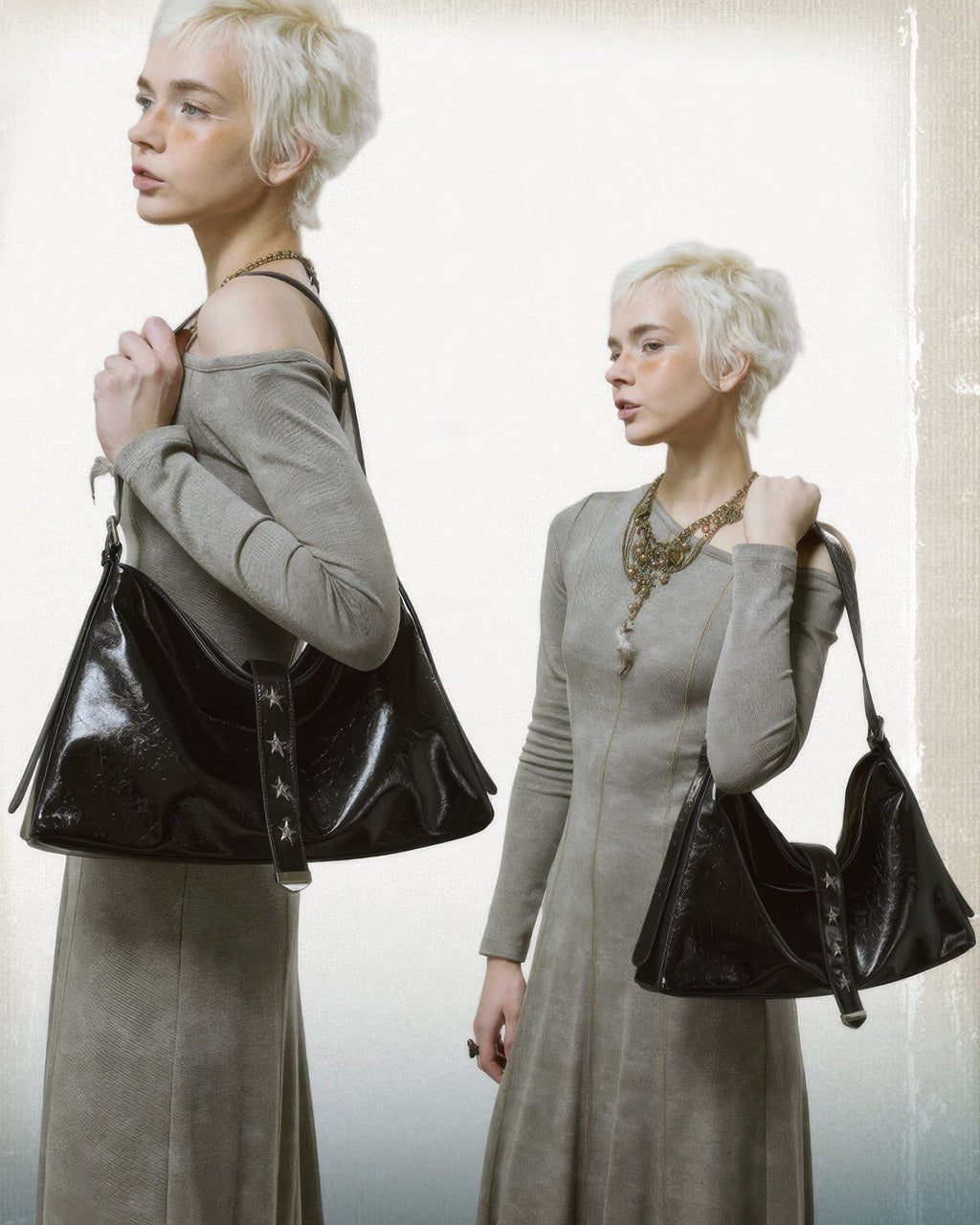 Dual view composition of blonde model wearing a black glossy faux leather slouchy shoulder bag with star rivets