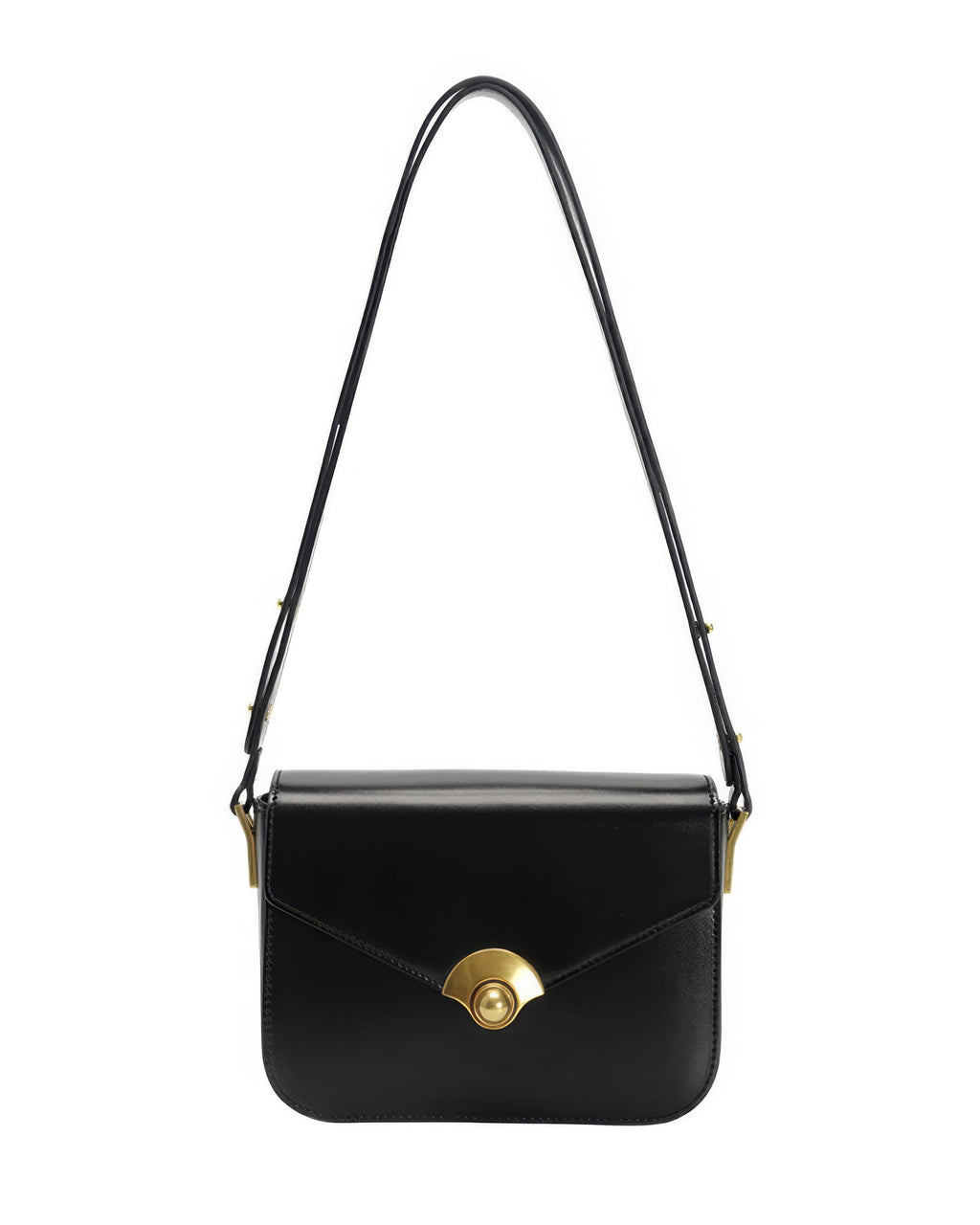 Black leather flap crossbody bag with vintage gold turn-lock hardware and adjustable shoulder strap on white background.