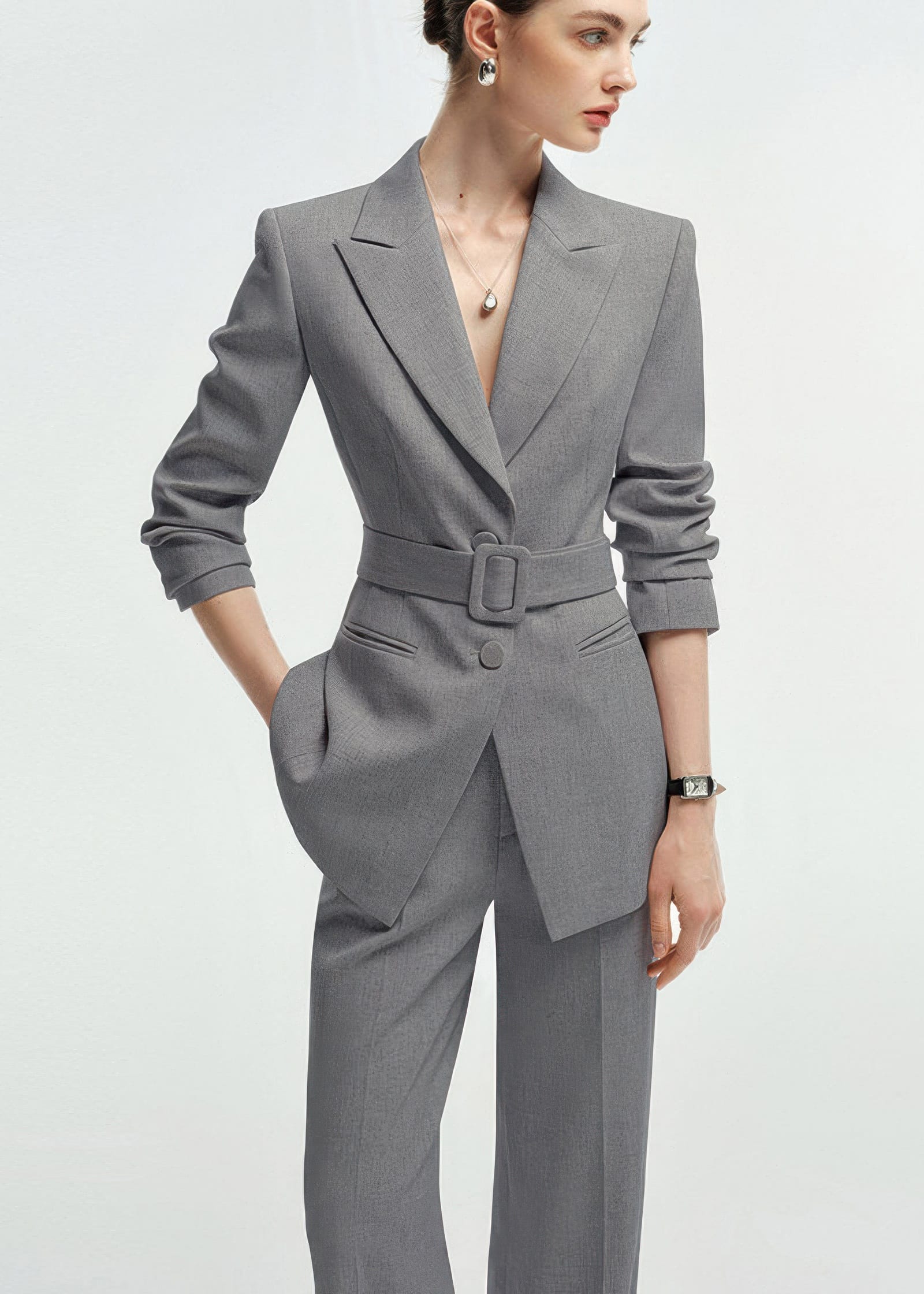 A dynamic, mid-length shot of a woman in a grey belted business suit with sleeves cinched at the elbows, one hand tucked into her trouser pocket.
