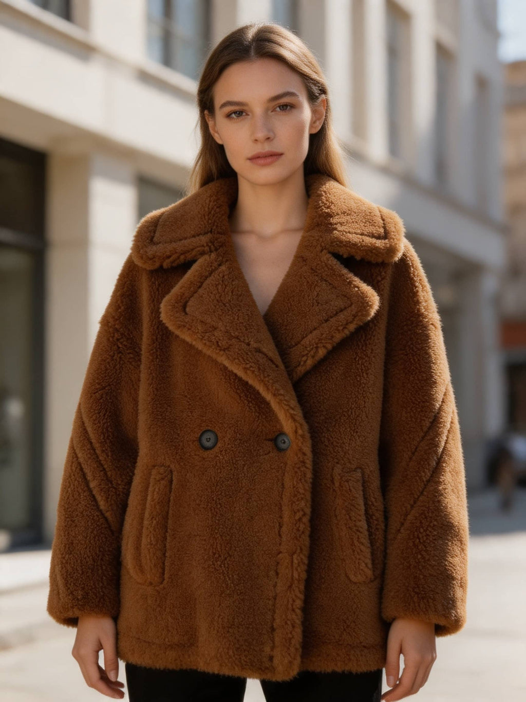 Front view of a model wearing a cognac brown shearling wool double-breasted pea coat outdoors