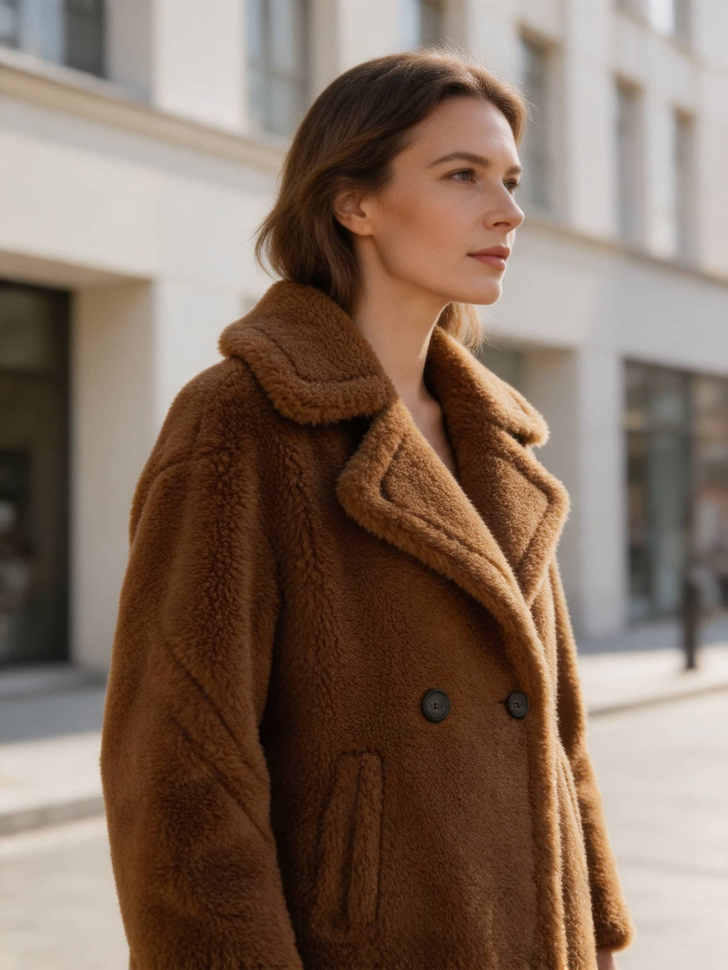 Side profile detail of a model wearing a cognac brown shearling wool double-breasted pea coat with wide lapels