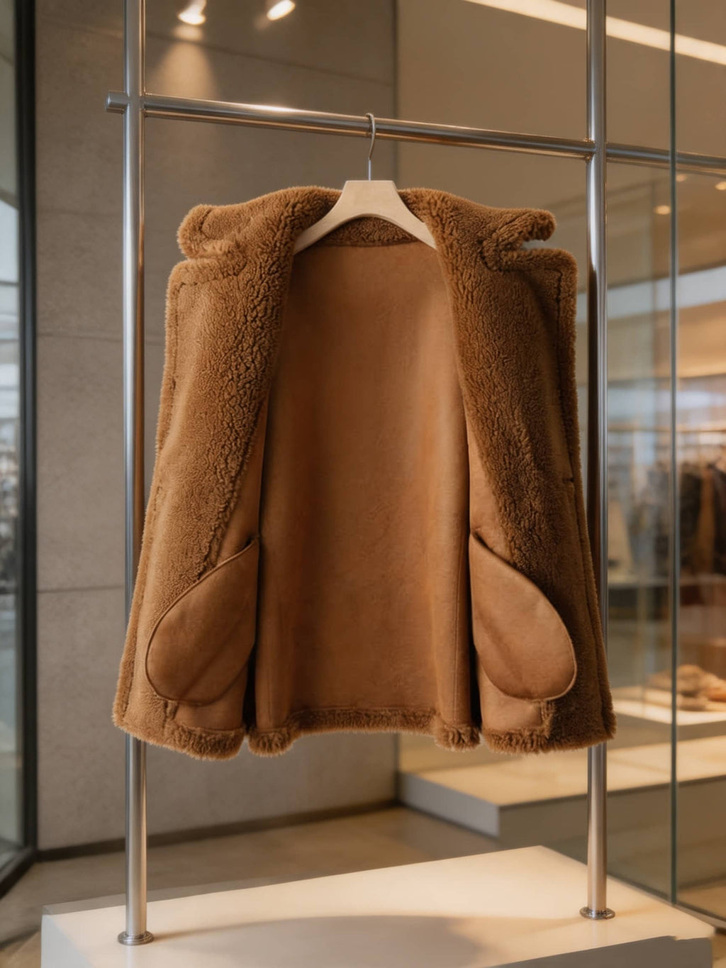 Inside lining and interior pocket details of an open cognac brown shearling coat displayed on a hanger