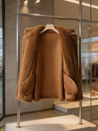 Inside lining and interior pocket details of an open cognac brown shearling coat displayed on a hanger