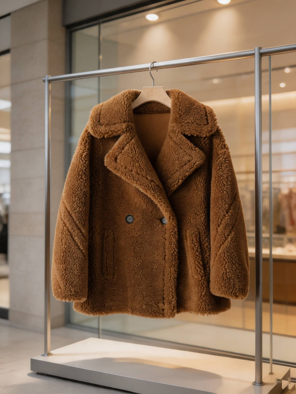 Front view of a cognac brown shearling wool double-breasted pea coat displayed on a hanger in a boutique