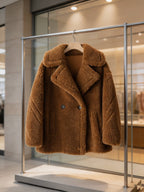 Front view of a cognac brown shearling wool double-breasted pea coat displayed on a hanger in a boutique