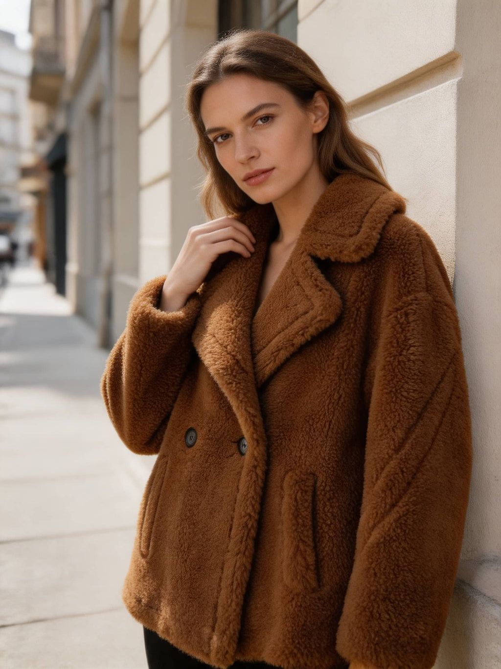 Close-up profile of a model leaning against a wall in a cognac brown double-breasted shearling pea coat