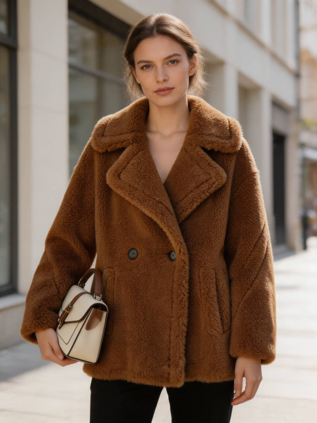 Model wearing a cognac brown shearling wool pea coat holding a small cream and brown structured handbag