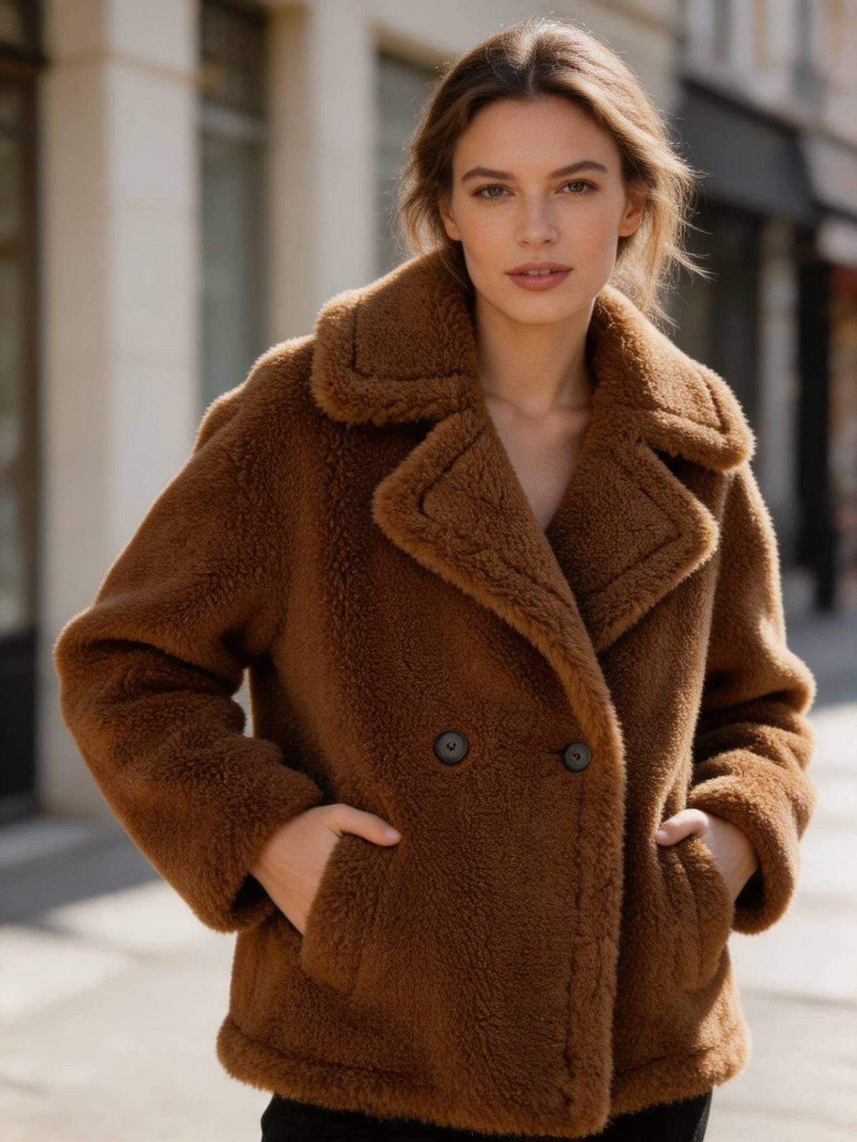 Medium close-up of a model wearing a cognac brown shearling wool pea coat with hands in side pockets