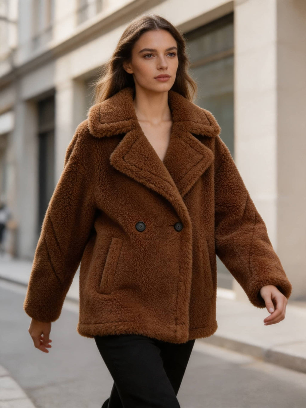 Model walking on a city street wearing an oversized cognac brown shearling wool double-breasted pea coat