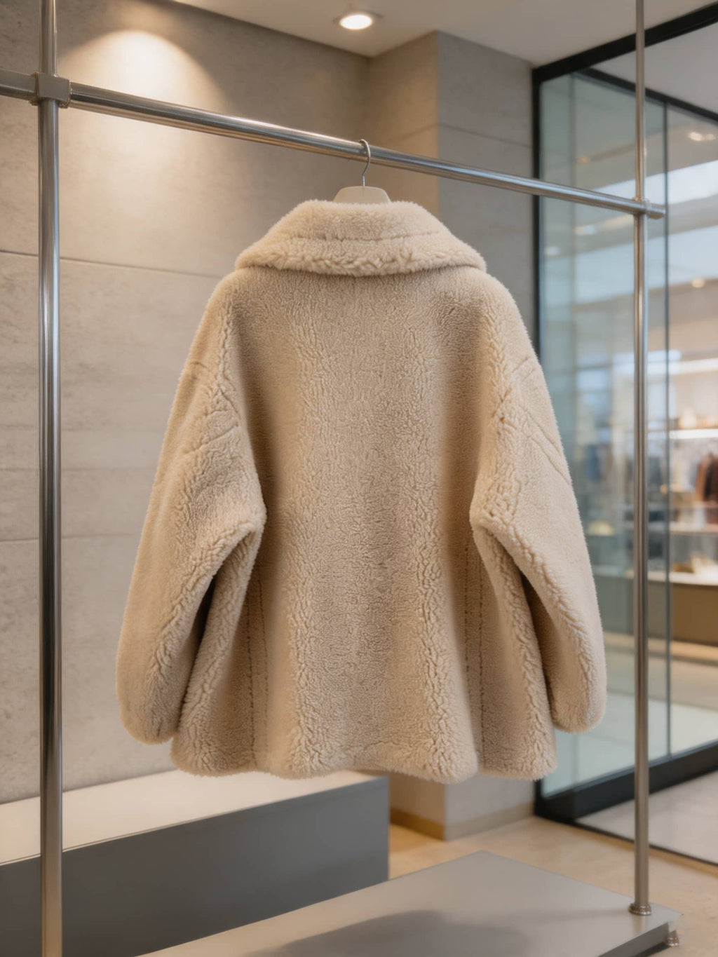Back view of a cream shearling wool double-breasted pea coat displayed on a hanger in a boutique showcase