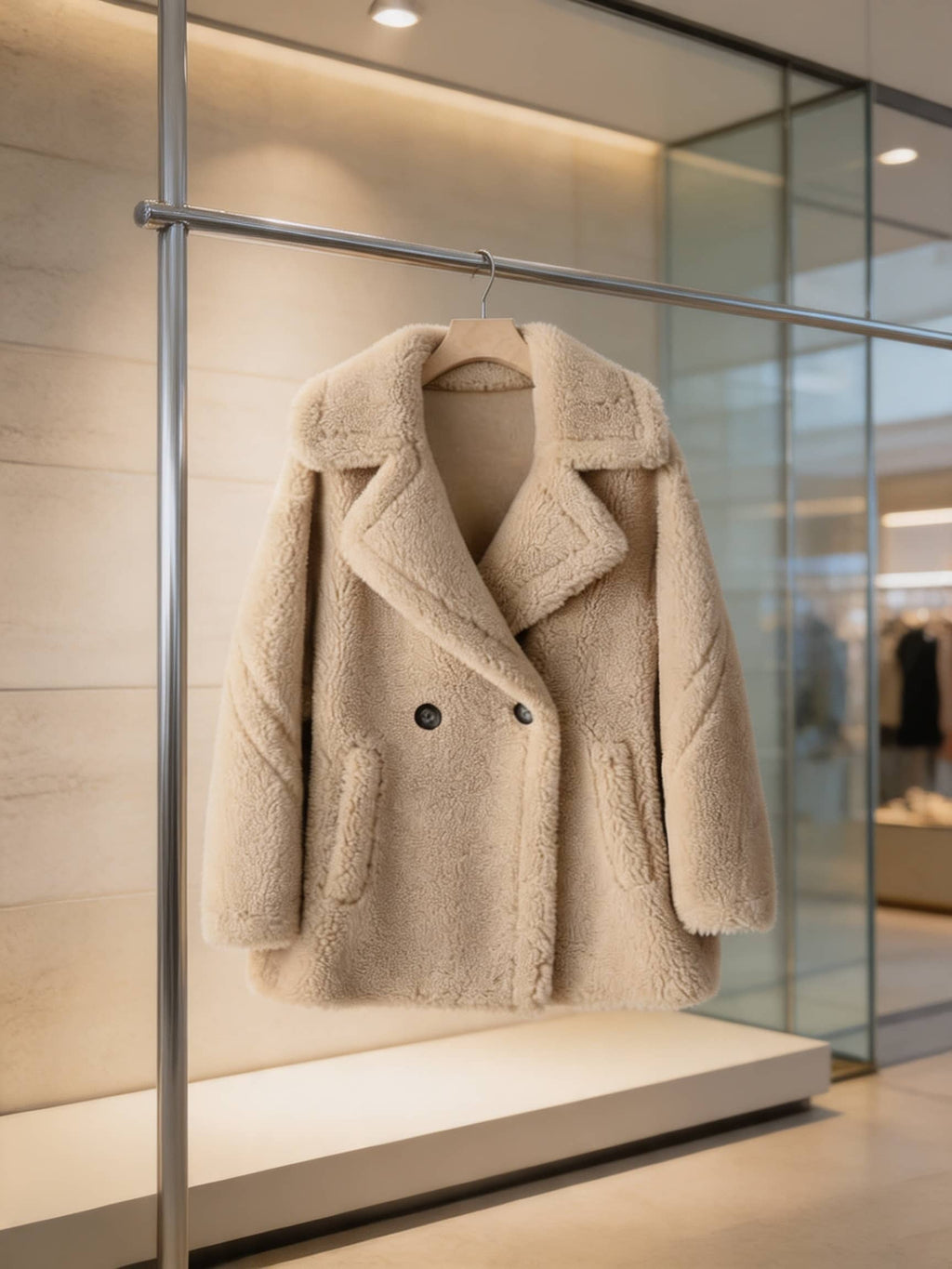 Front view of a cream double-breasted shearling wool pea coat hanging on a clothing rack