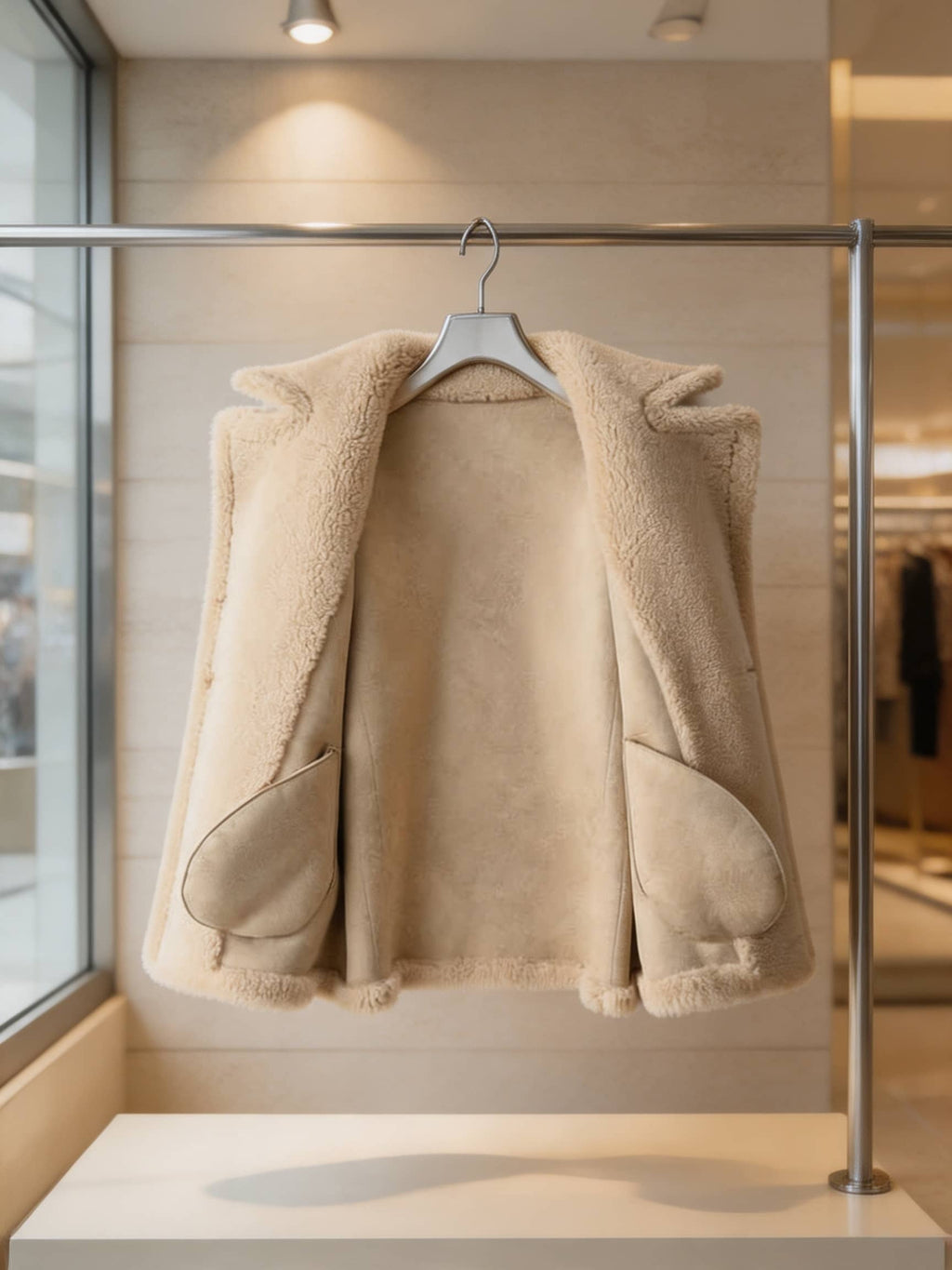 Inside lining and interior pockets view of an open cream shearling wool pea coat on a display rack