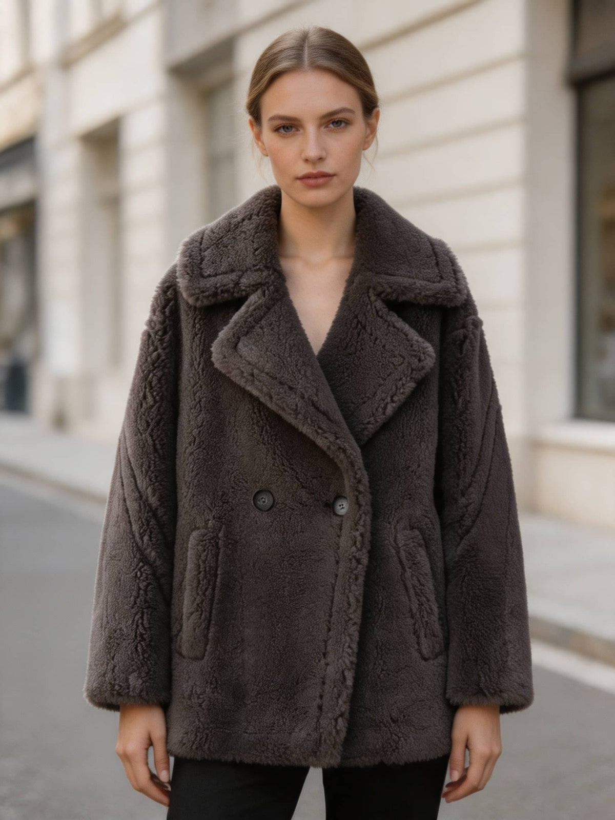 Front view of a model wearing a charcoal grey double-breasted shearling wool pea coat outdoors