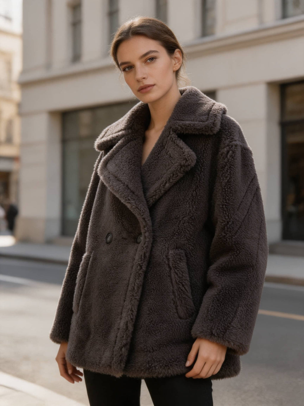 Three-quarter view of a model wearing an oversized dark grey shearling wool double-breasted pea coat