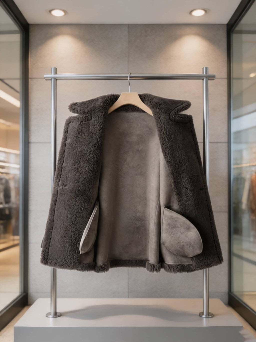 Inside lining and interior pockets view of an open charcoal grey shearling wool coat on a display rack
