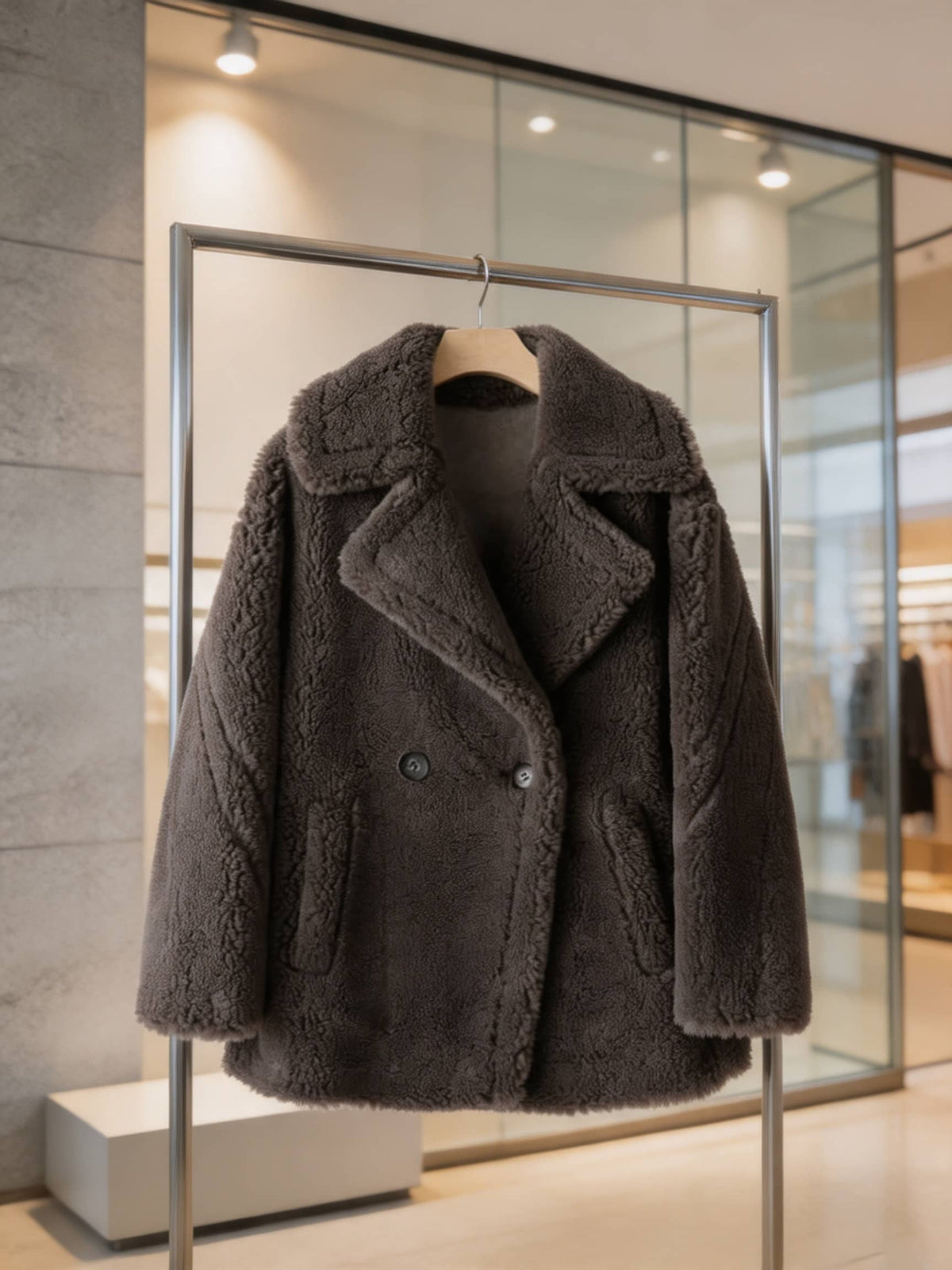 Front view of a charcoal grey double-breasted shearling wool pea coat hanging on a clothing rack