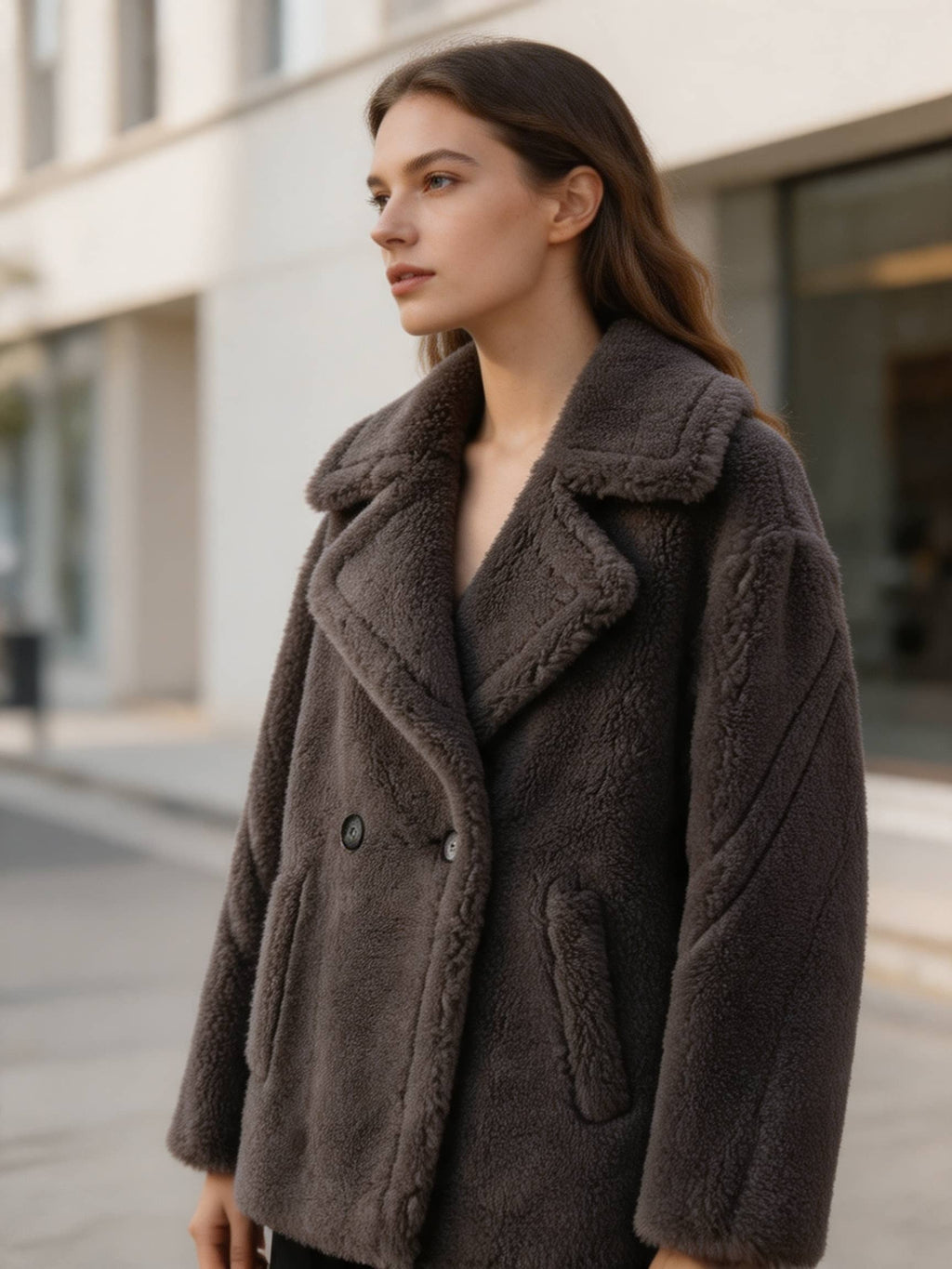 Side profile angle of a model wearing a dark grey shearling wool double-breasted pea coat with wide notch collar