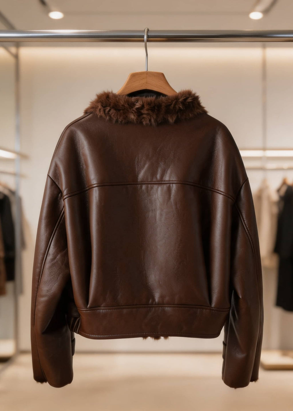 Back view of a dark brown faux leather aviator coat showing smooth back seam construction on a wooden hanger.