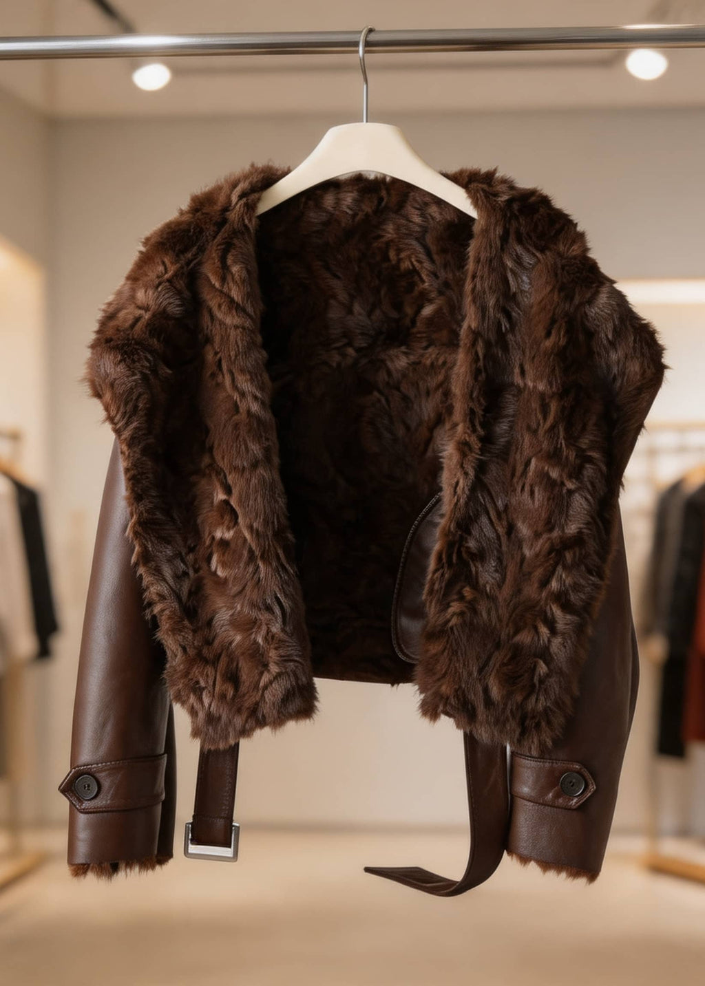  Interior detail view showing the plush brown faux fur lining and wide lapel of a winter aviator jacket.