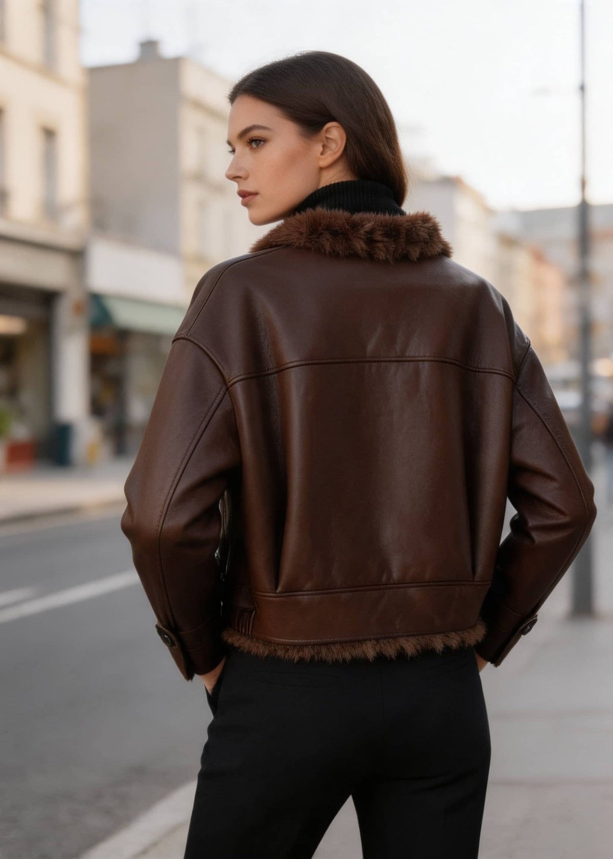 Rear angle of a female model wearing a brown leather winter jacket with fur-trimmed hem outdoors.