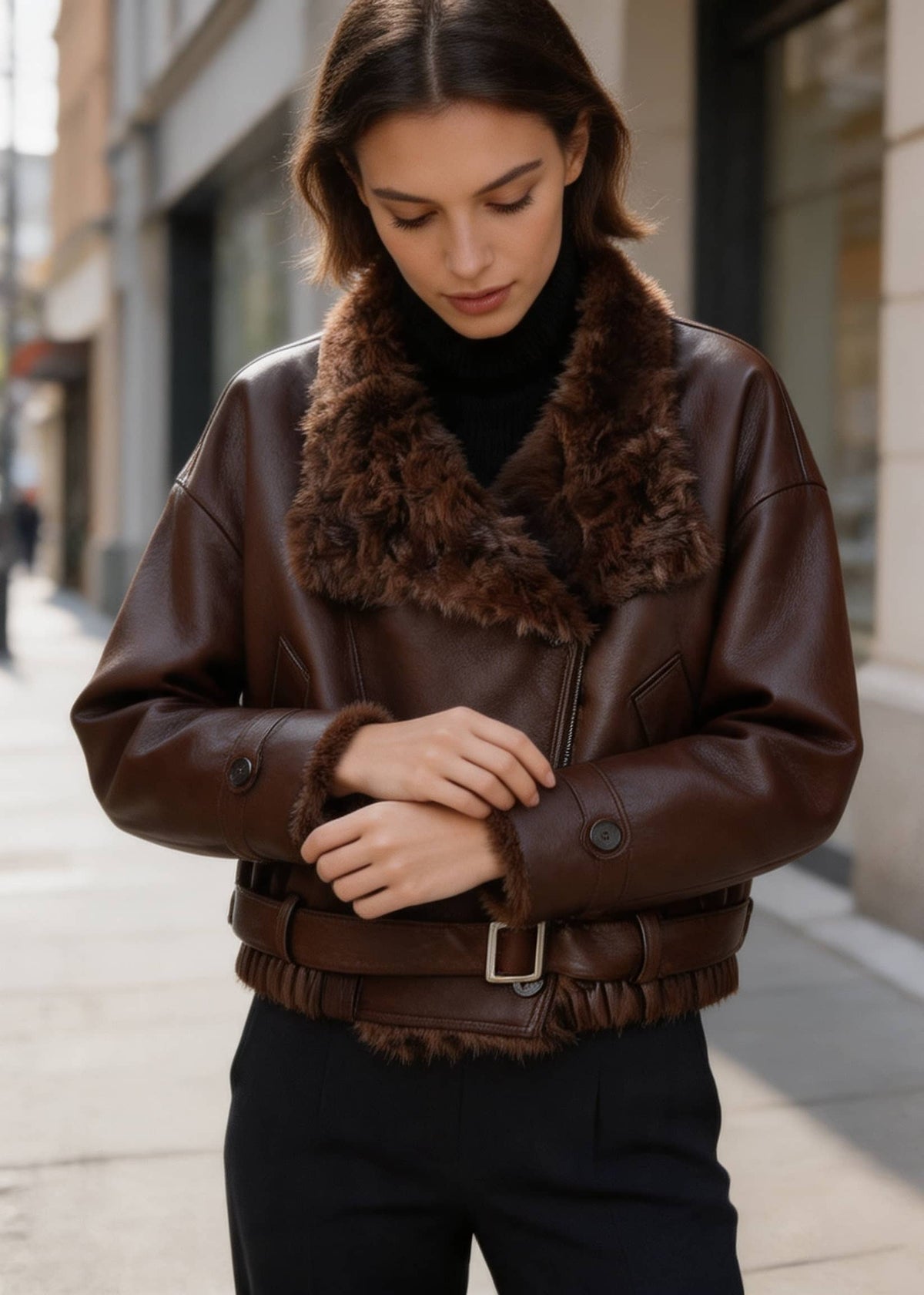 Close-up front view of a women's brown aviator jacket showcasing sleeve cuff buttons and fur collar details.
