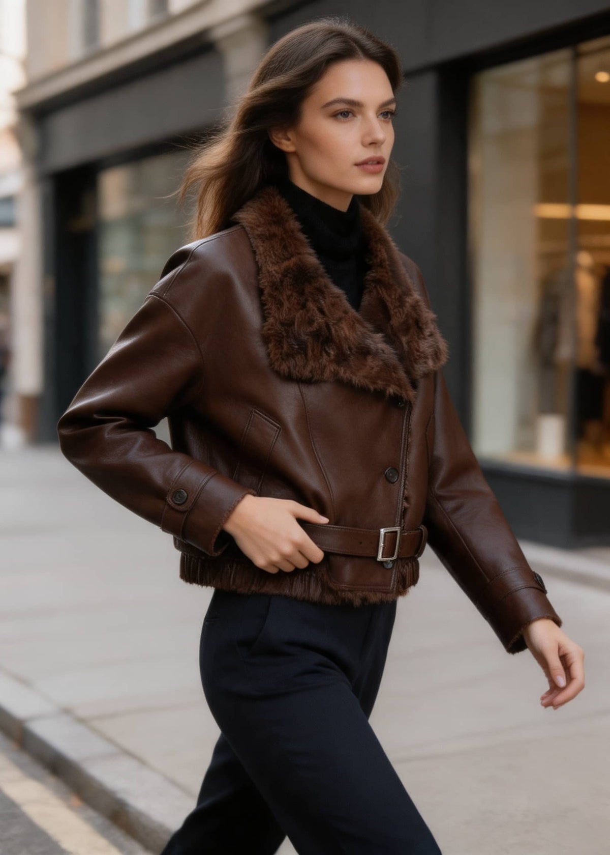 Side view of a woman walking outdoors in a cropped dark brown faux leather aviator jacket with a belt buckle.