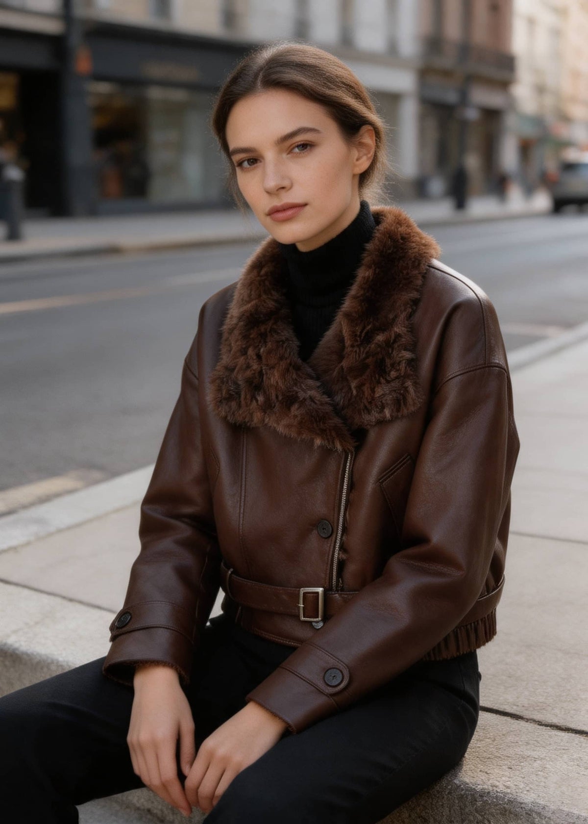Female model sitting outdoors wearing a dark brown winter faux leather aviator jacket with fur trim.