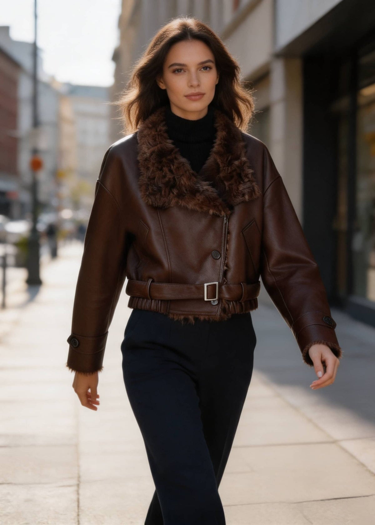 Full-length view of a model walking in a dark brown faux leather fur aviator jacket paired with black trousers.