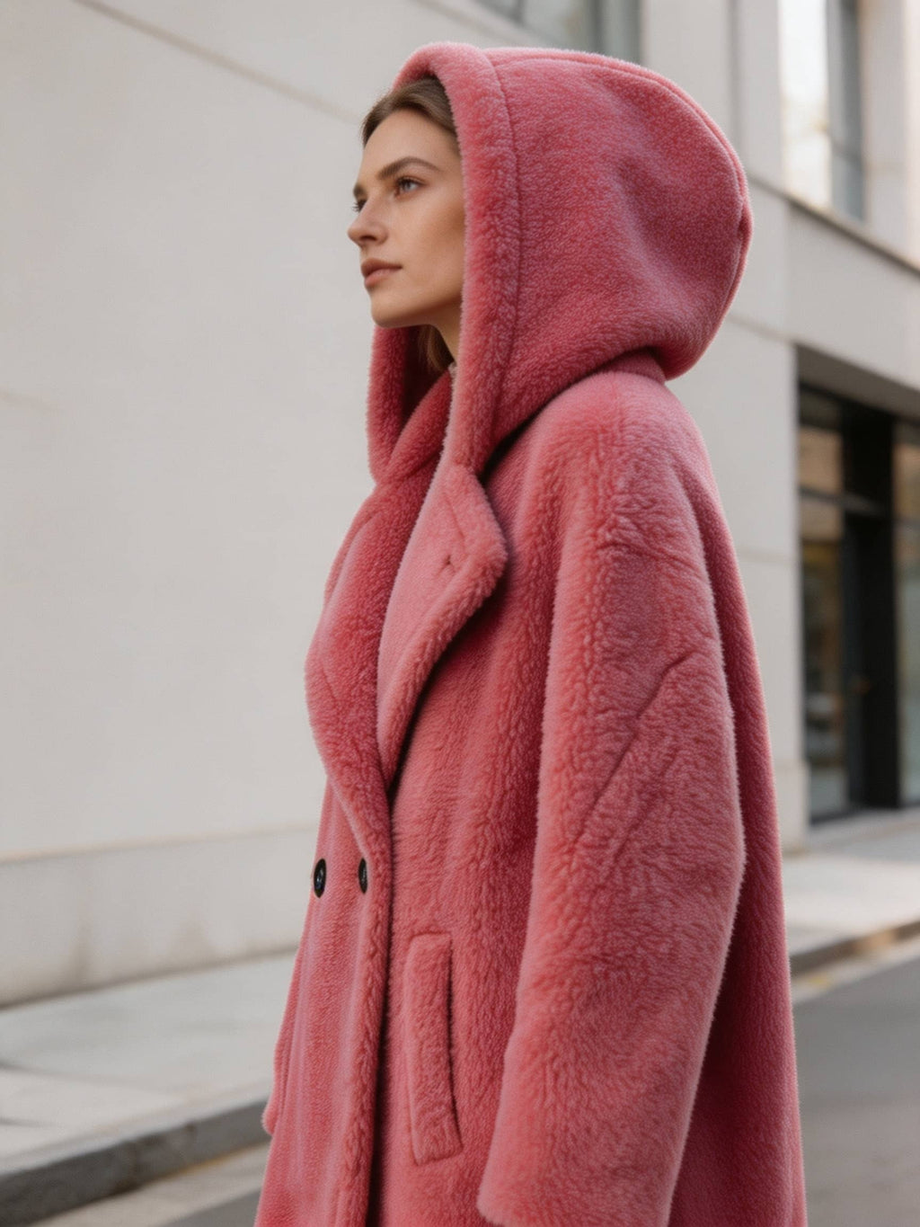 Side profile close-up of a model wearing a fuchsia pink hooded genuine shearling fur long coat outdoors.