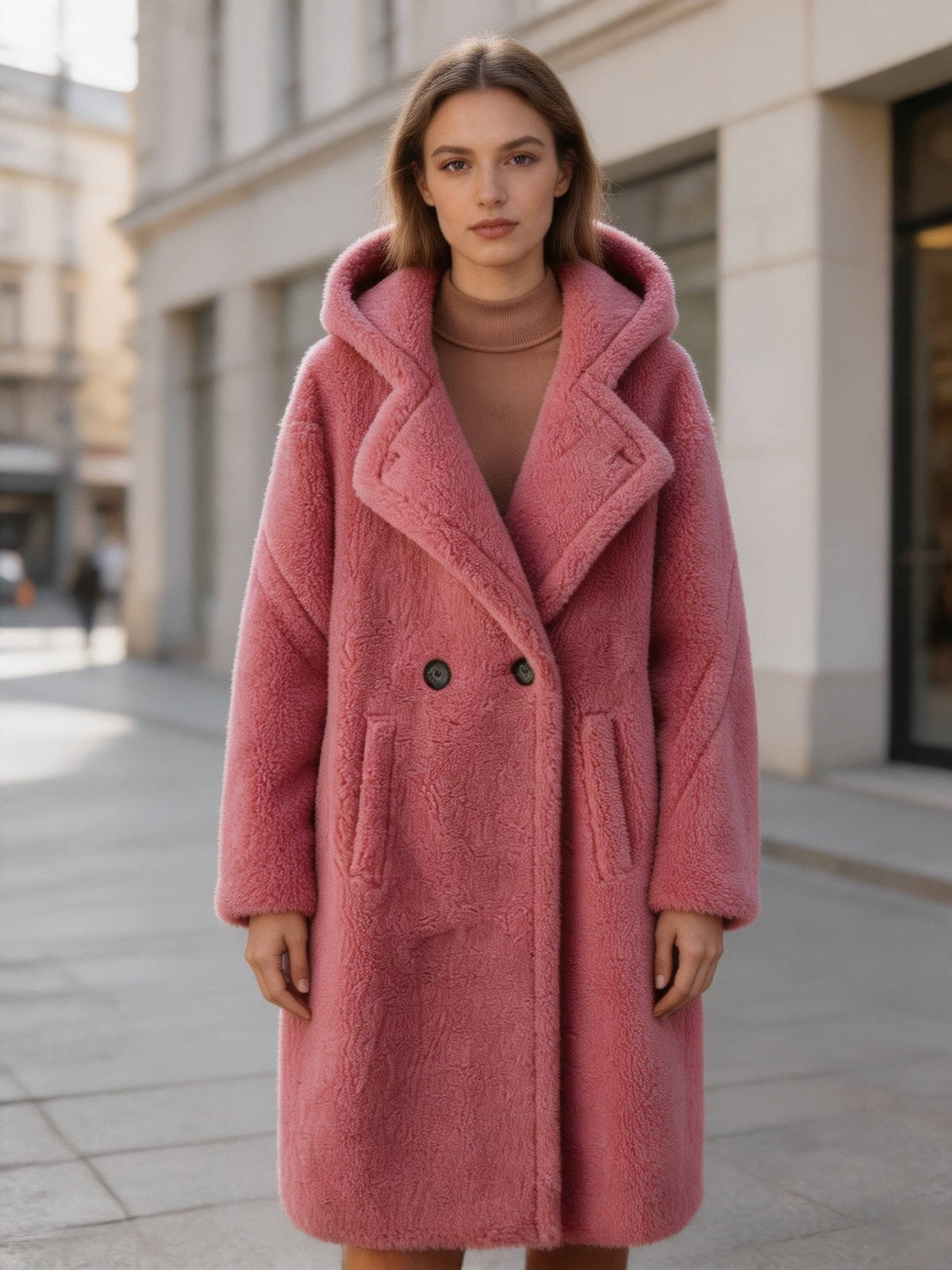 Front view portrait of a female model styling a fuchsia pink double-breasted hooded shearling long coat over a beige turtleneck.