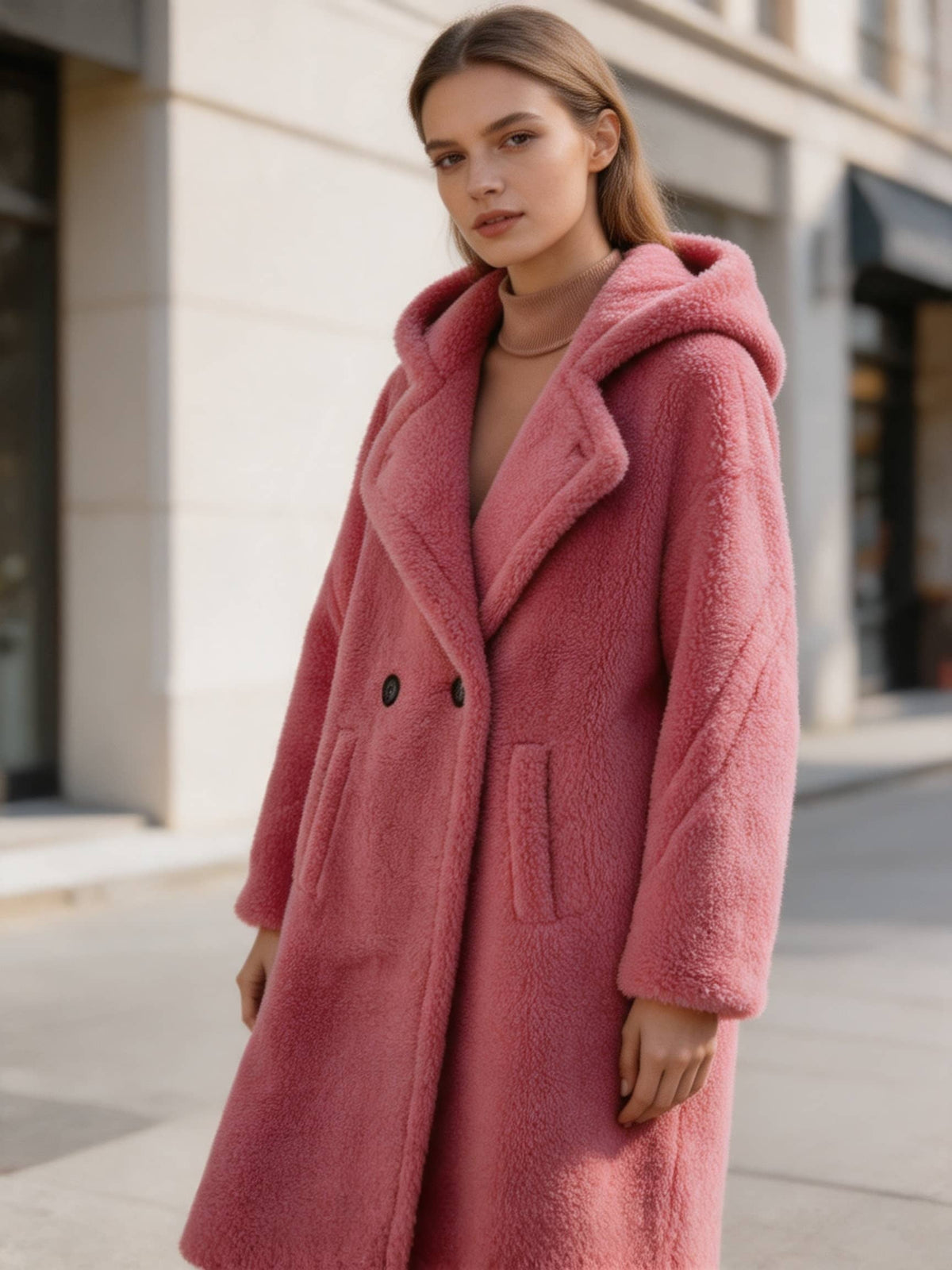 Upper-body view of a model in a luxury fuchsia pink hooded shearling fur long coat with dark double-breasted buttons.