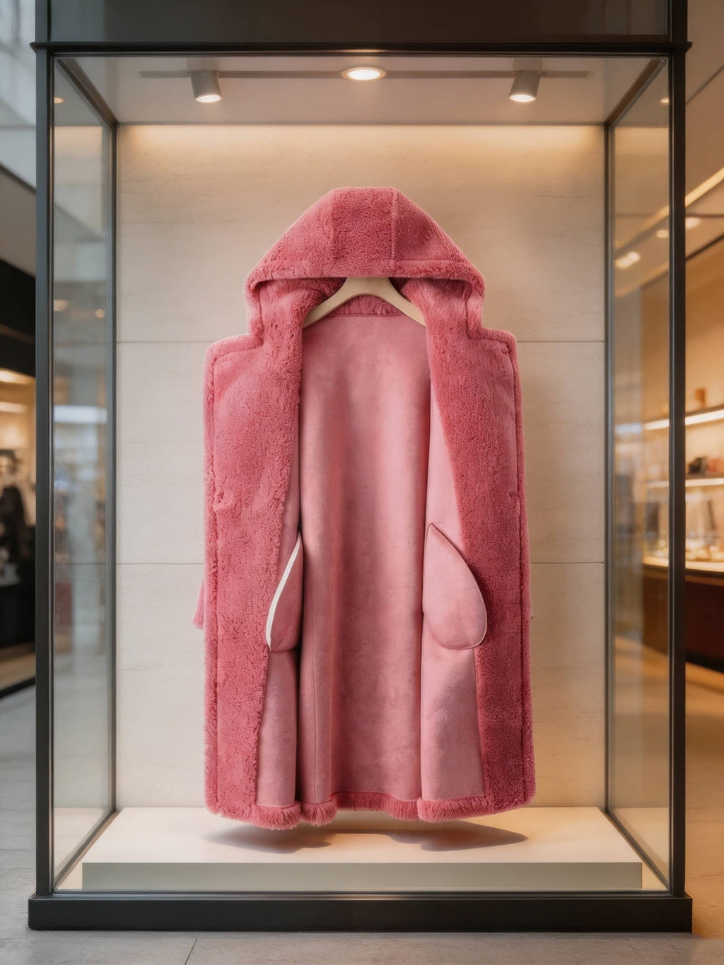 Interior suede lining detail of an open fuchsia pink hooded genuine shearling long coat hanging in a shop display.