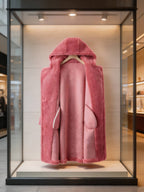 Interior suede lining detail of an open fuchsia pink hooded genuine shearling long coat hanging in a shop display.
