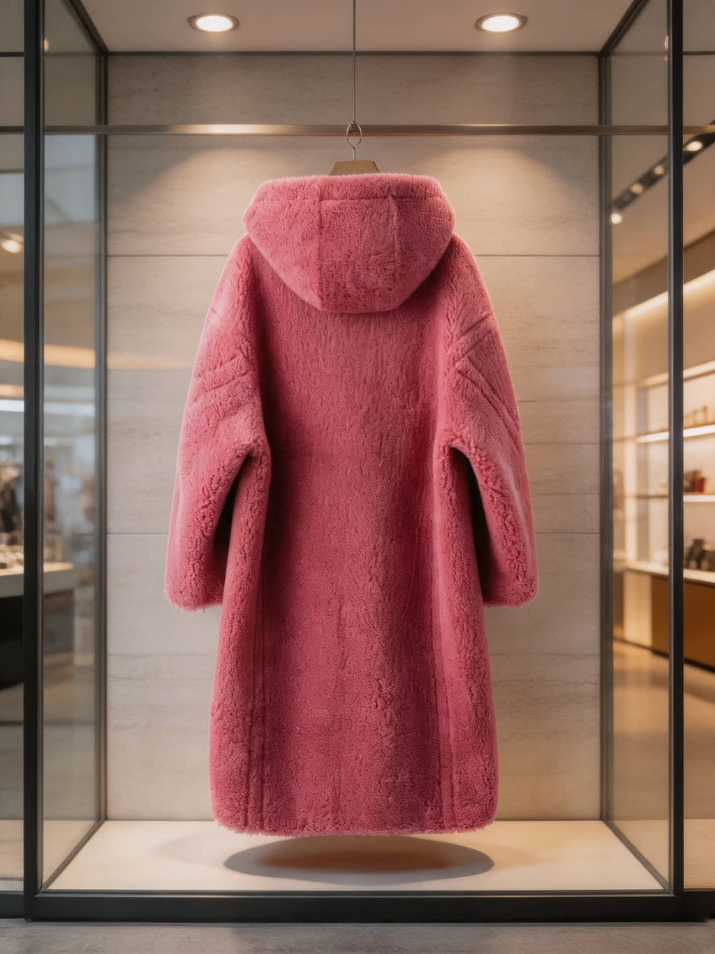 Back view display of a women's fuchsia pink hooded shearling long coat hanging in a boutique window.
