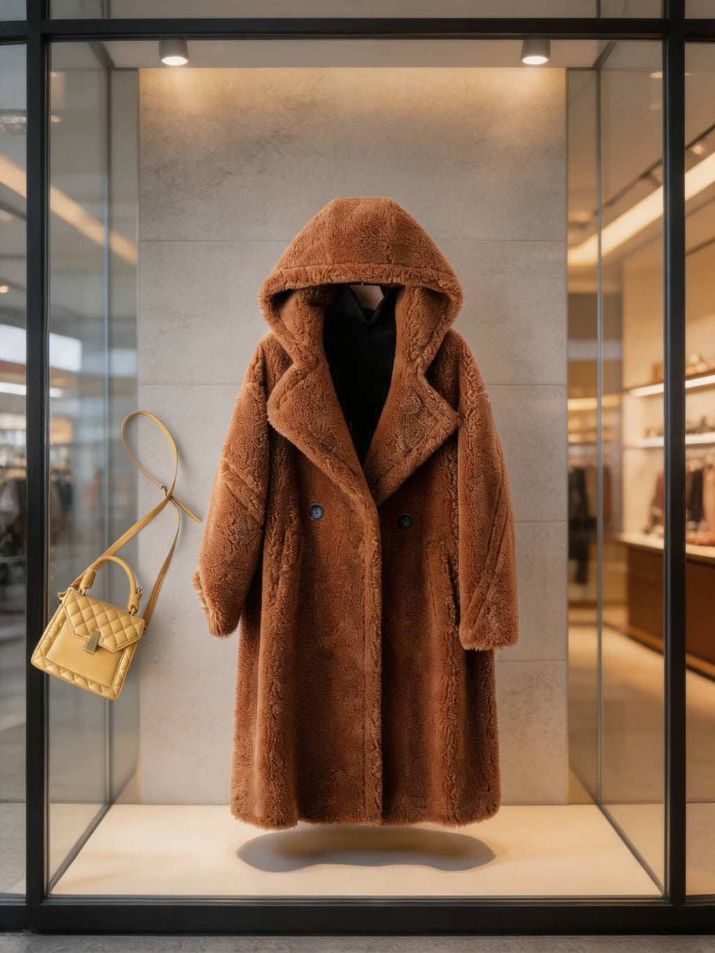 Front view of a brown hooded shearling wool teddy coat on display with a quilted yellow shoulder bag