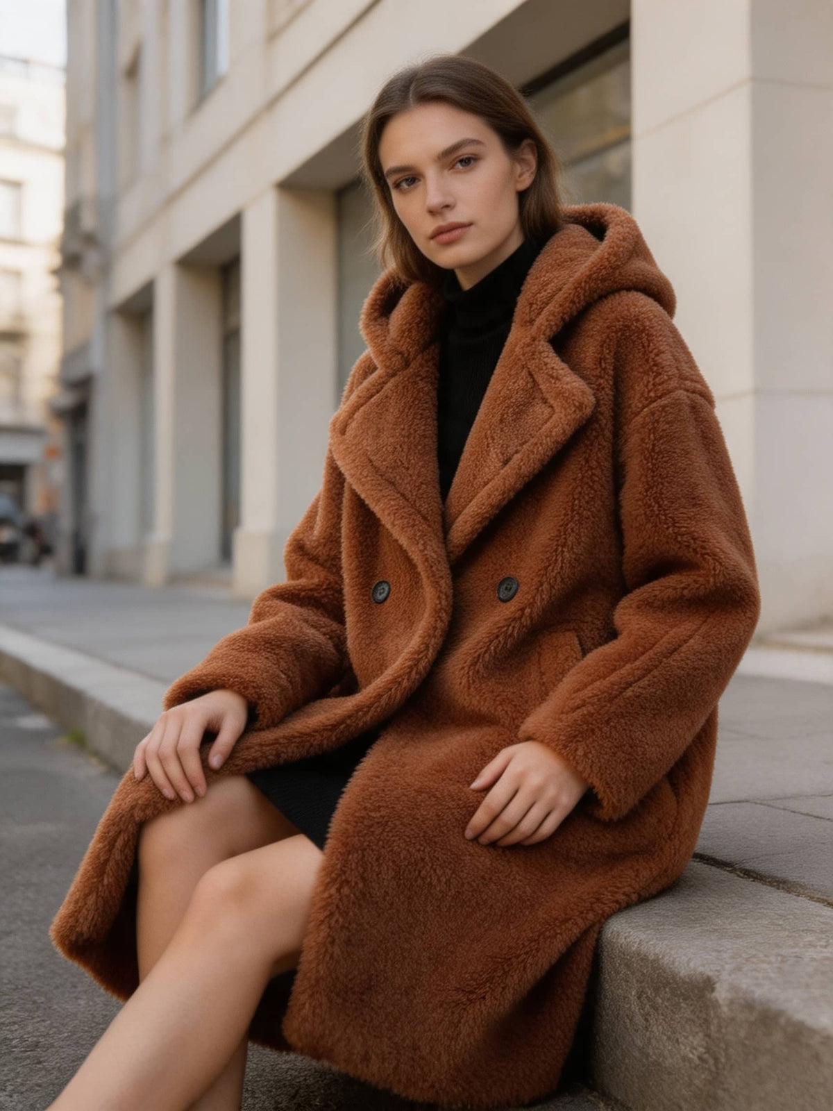 Model sitting outdoors on a curb wearing a brown long hooded shearling wool teddy coat and black turtleneck