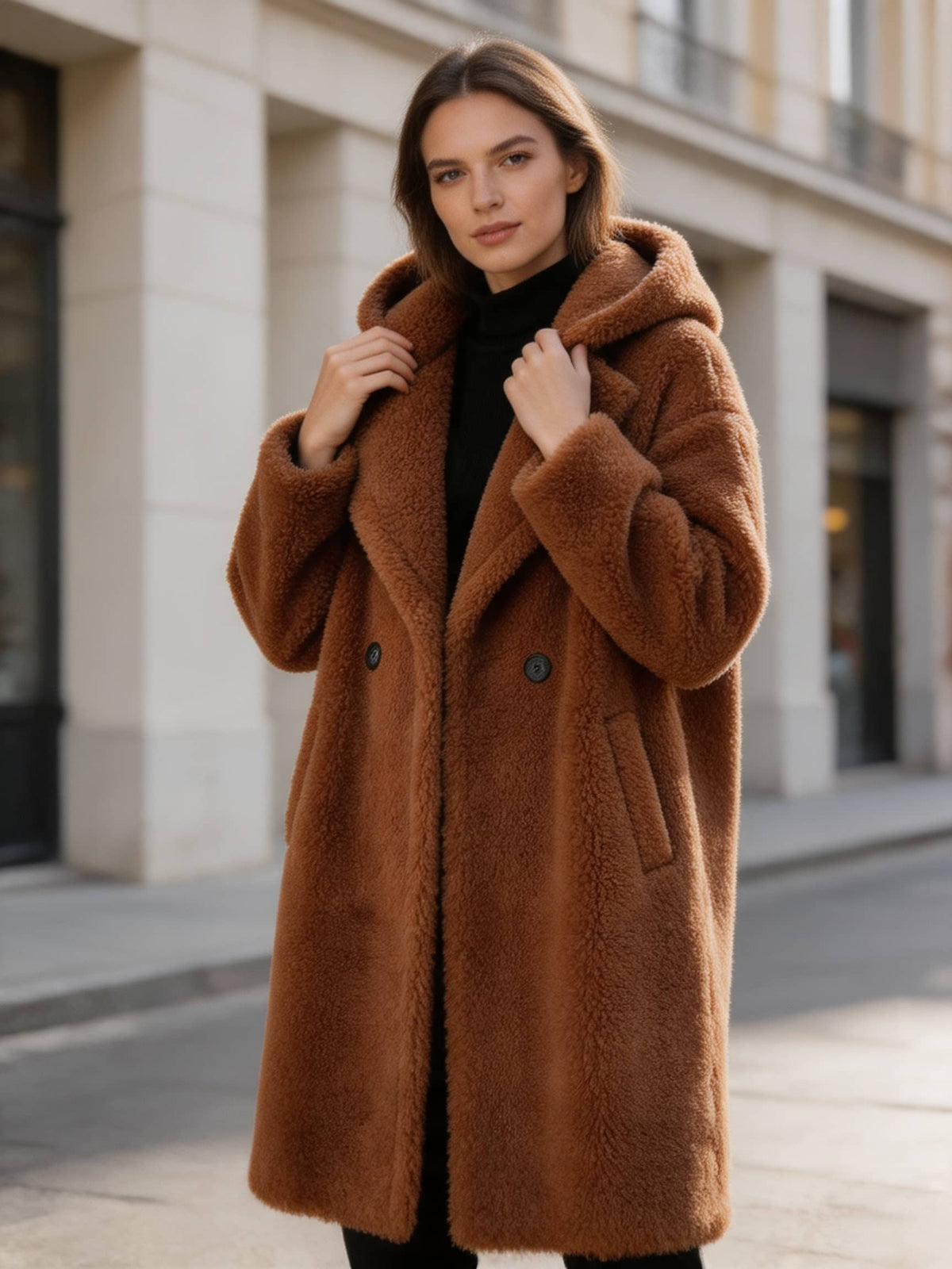 Model holding the lapels of a warm brown hooded shearling wool teddy coat in an urban street setting