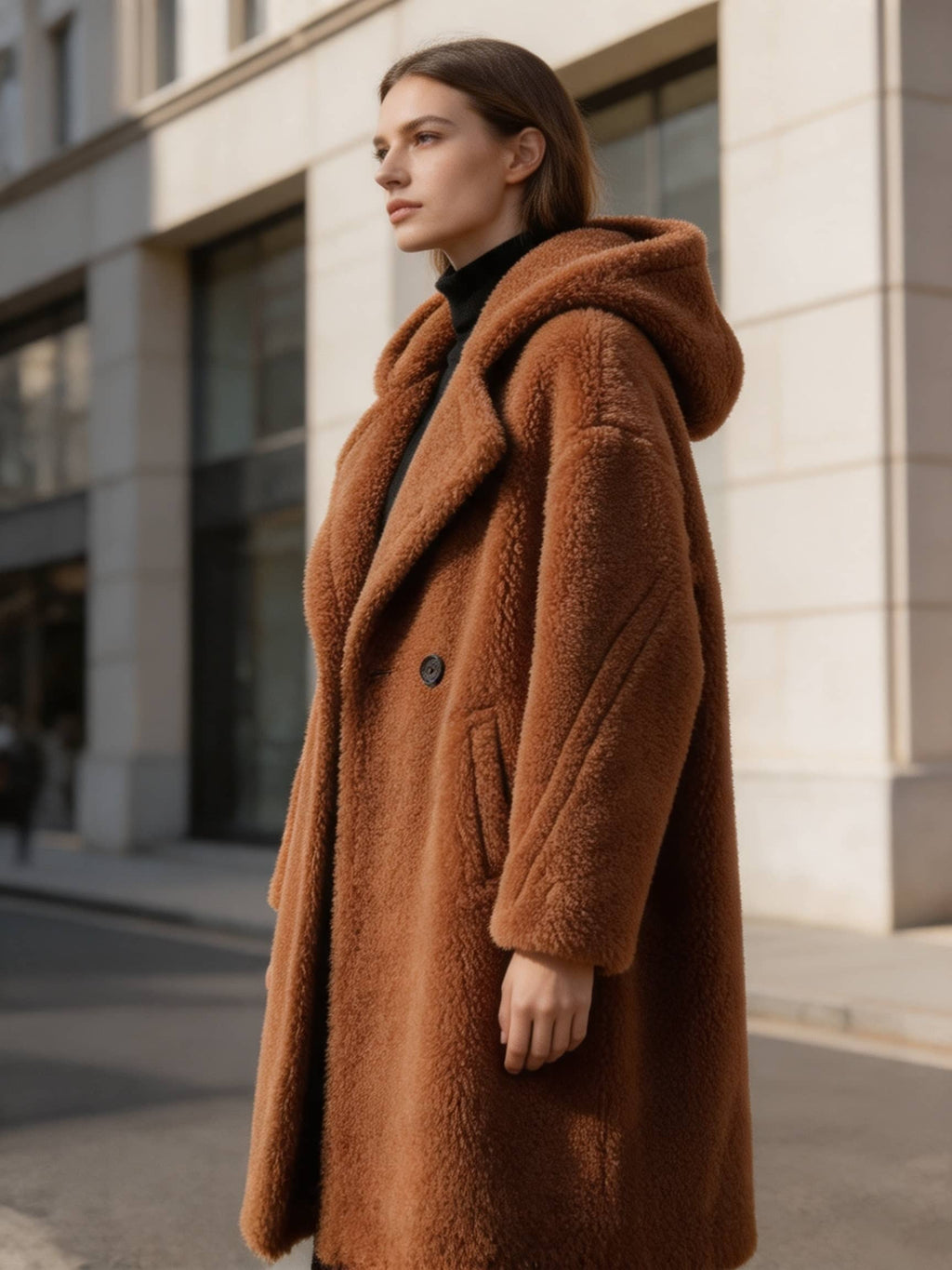 Side three-quarter profile of a model wearing a brown double-breasted hooded shearling teddy coat