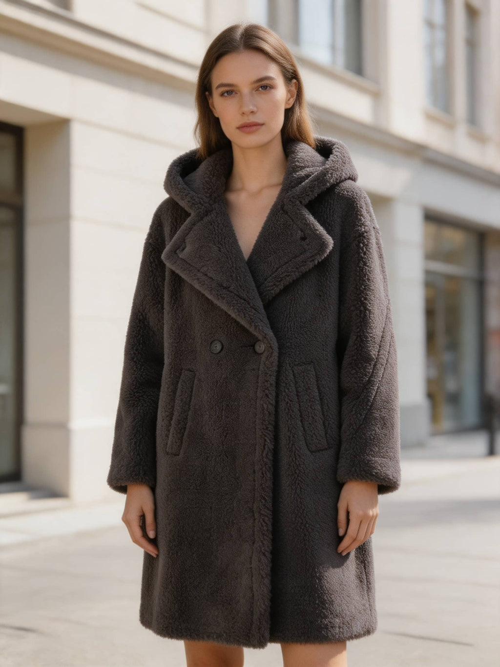 Model showcasing a dark grey oversized long hooded shearling wool teddy coat in an urban setting
