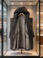 Inside lining and interior pockets view of a dark grey long hooded shearling coat on a boutique display stand